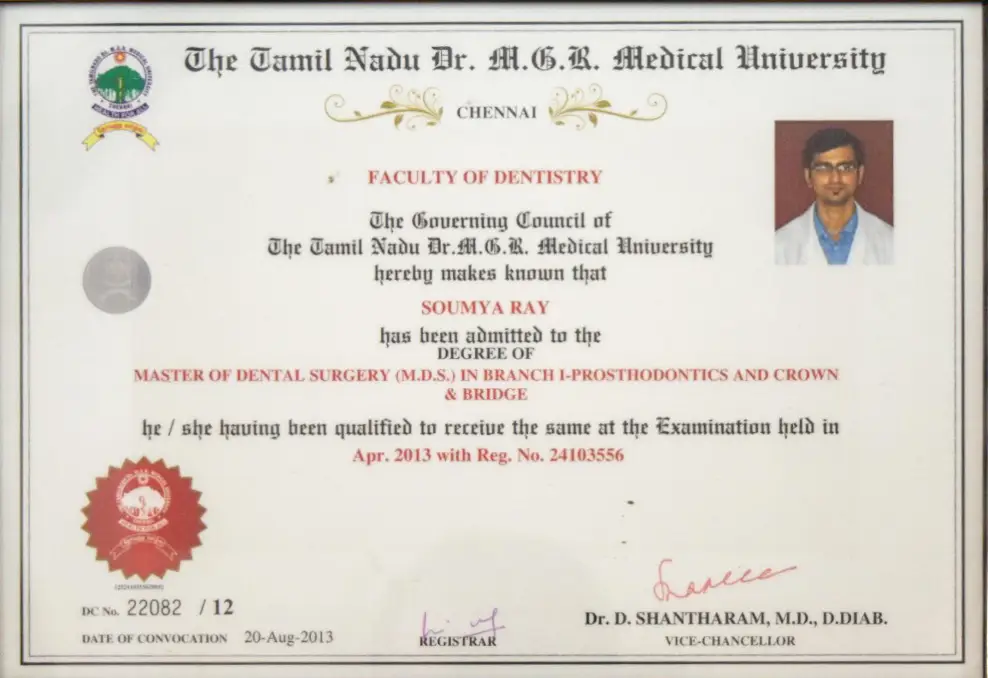 Dr Soumya Ray MDS Certificate