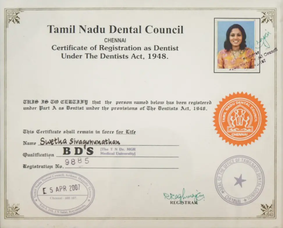 Dr. Swetha Ray BDS certificate